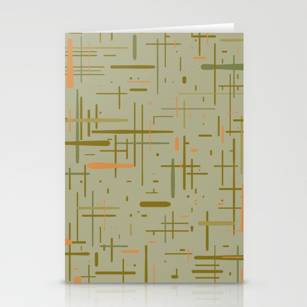 Mid-Century Modern Kinetikos Pattern in Retro Celadon Olive Green Cantaloupe Orange Stationery Card Gallery Image 2