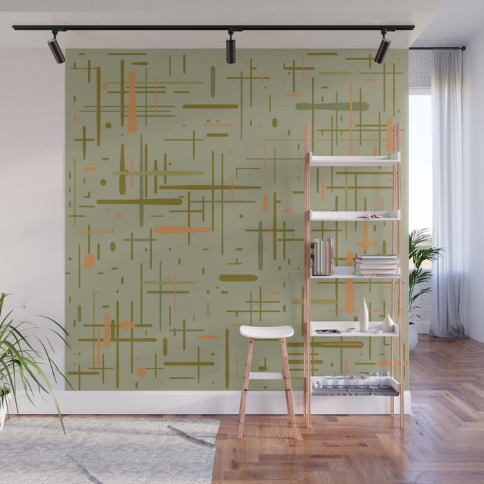 Mid-Century Modern Kinetikos Pattern in Retro Celadon Olive Green Cantaloupe Orange Wall Mural Gallery Image 1