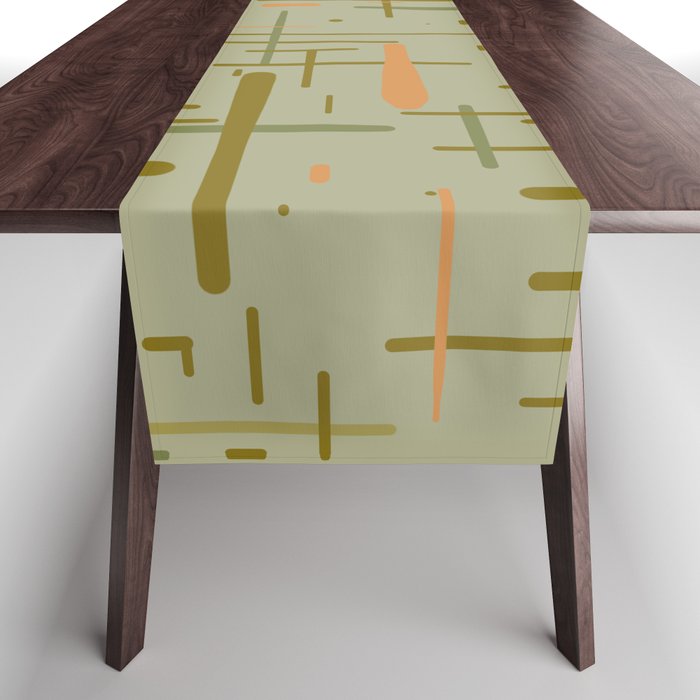 Mid-Century Modern Kinetikos Pattern in Retro Celadon Olive Green Cantaloupe Orange Table Runner Gallery Image 1