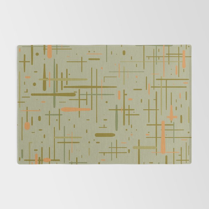 Mid-Century Modern Kinetikos Pattern in Retro Celadon Olive Green Cantaloupe Orange Rug Gallery Image 2