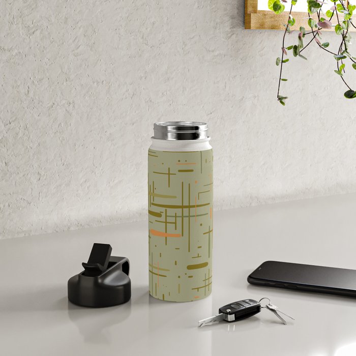 Mid-Century Modern Kinetikos Pattern in Retro Celadon Olive Green Cantaloupe Orange Water Bottle Gallery Image 4