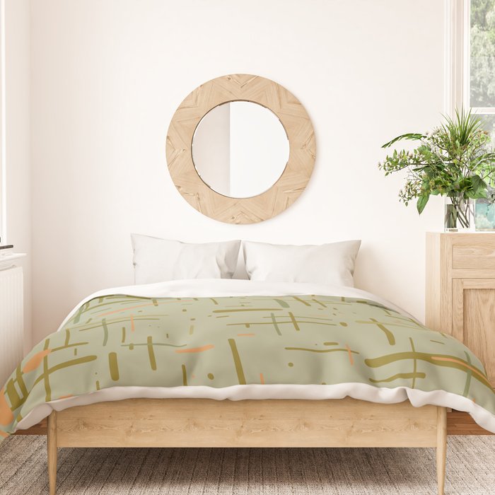 Mid-Century Modern Kinetikos Pattern in Retro Celadon Olive Green Cantaloupe Orange Duvet Cover Gallery Image 3