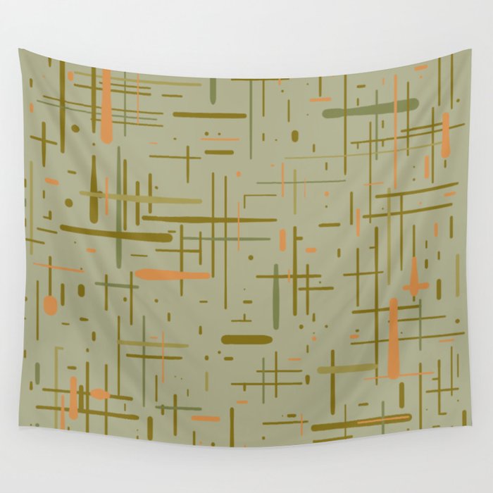 Mid-Century Modern Kinetikos Pattern in Retro Celadon Olive Green Cantaloupe Orange Wall Tapestry Gallery Image 1