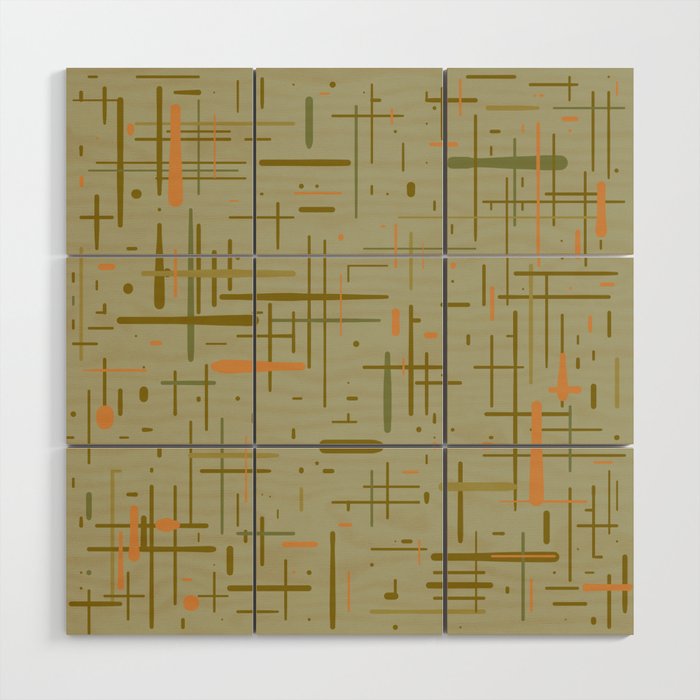 Mid-Century Modern Kinetikos Pattern in Retro Celadon Olive Green Cantaloupe Orange Wood Wall Art Gallery Image 1