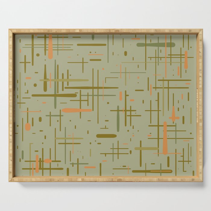 Mid-Century Modern Kinetikos Pattern in Retro Celadon Olive Green Cantaloupe Orange Serving Tray Gallery Image 1
