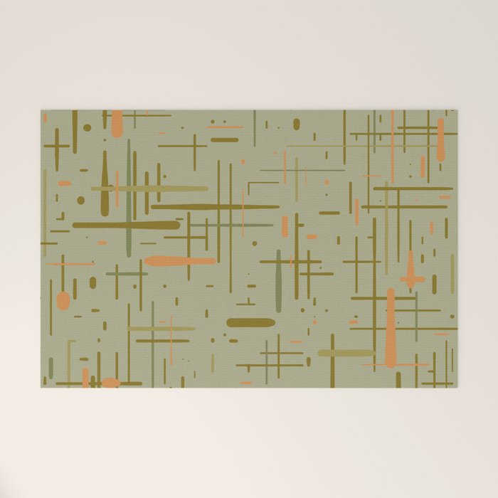 Mid-Century Modern Kinetikos Pattern in Retro Celadon Olive Green Cantaloupe Orange Welcome Mat Gallery Image 1