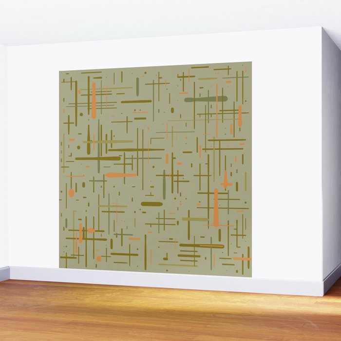 Mid-Century Modern Kinetikos Pattern in Retro Celadon Olive Green Cantaloupe Orange Wall Mural Gallery Image 2