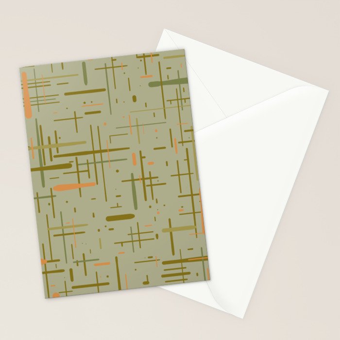 Mid-Century Modern Kinetikos Pattern in Retro Celadon Olive Green Cantaloupe Orange Stationery Card Gallery Image 2