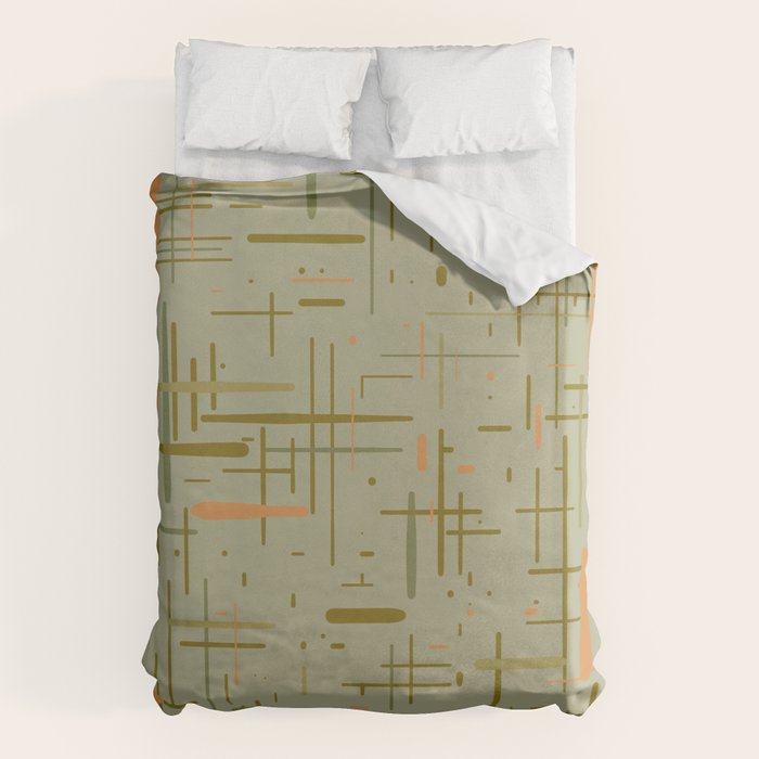 Mid-Century Modern Kinetikos Pattern in Retro Celadon Olive Green Cantaloupe Orange Duvet Cover Gallery Image 6