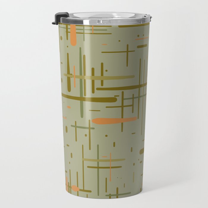 Mid-Century Modern Kinetikos Pattern in Retro Celadon Olive Green Cantaloupe Orange Travel Mug Gallery Image 3