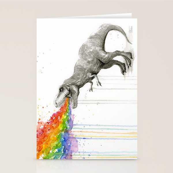 T-Rex Dinosaur Rainbow Puke Taste the Rainbow Watercolor Stationery Card Gallery Image 1