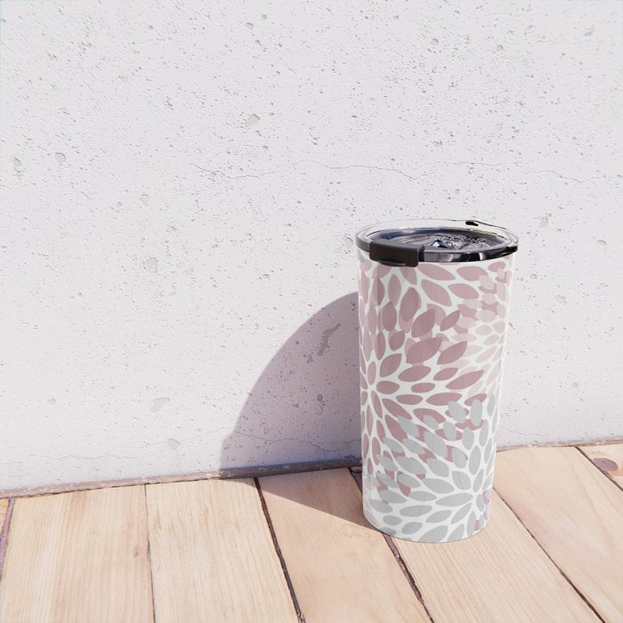 Floral Pattern, Pink, Gray and White Travel Mug Gallery Image 4