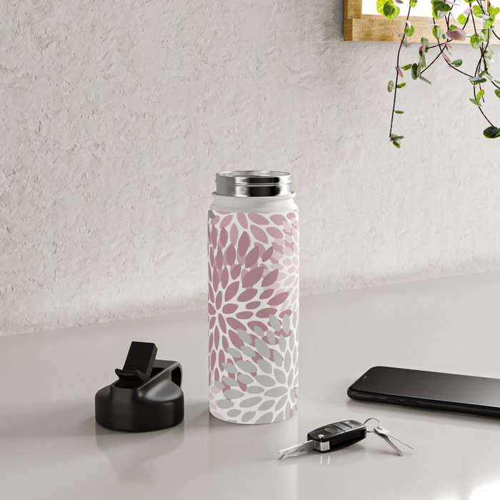 Floral Pattern, Pink, Gray and White Water Bottle Gallery Image 4