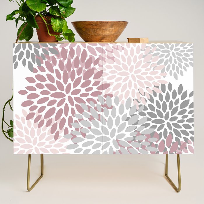 Floral Pattern, Pink, Gray and White Credenza Gallery Image 1