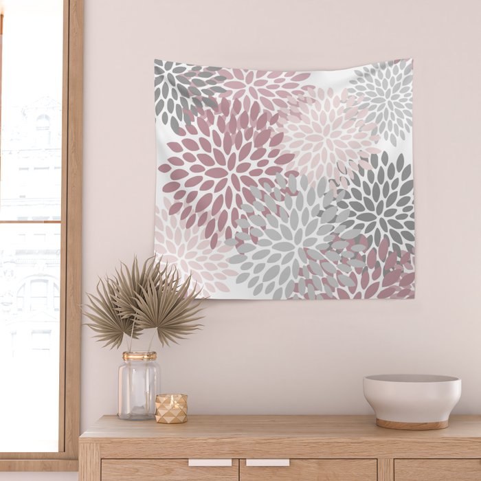 Floral Pattern, Pink, Gray and White Wall Tapestry Gallery Image 2