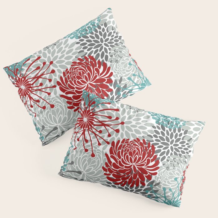 Festive, Flowers in Red, Teal and Gray Pillow Sham Gallery Image 3