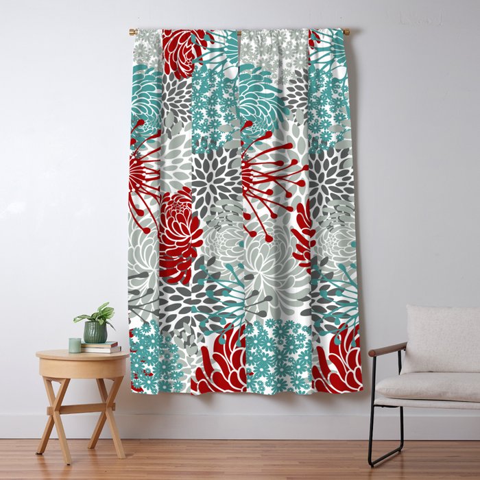 Festive, Flowers in Red, Teal and Gray Window Curtain Gallery Image 1