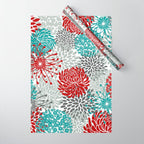 Festive, Flowers in Red, Teal and Gray Wrapping Paper Gallery Image 1
