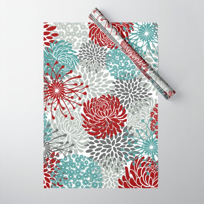 Festive, Flowers in Red, Teal and Gray Wrapping Paper Gallery Image 1