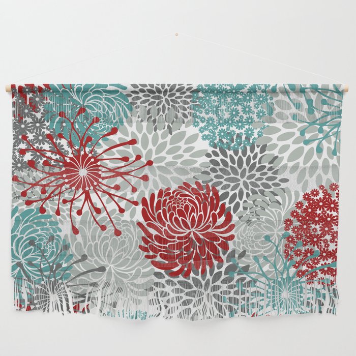 Festive, Flowers in Red, Teal and Gray Wall Hanging Gallery Image 1