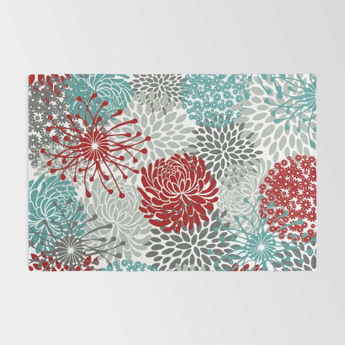 Festive, Flowers in Red, Teal and Gray Rug Gallery Image 2