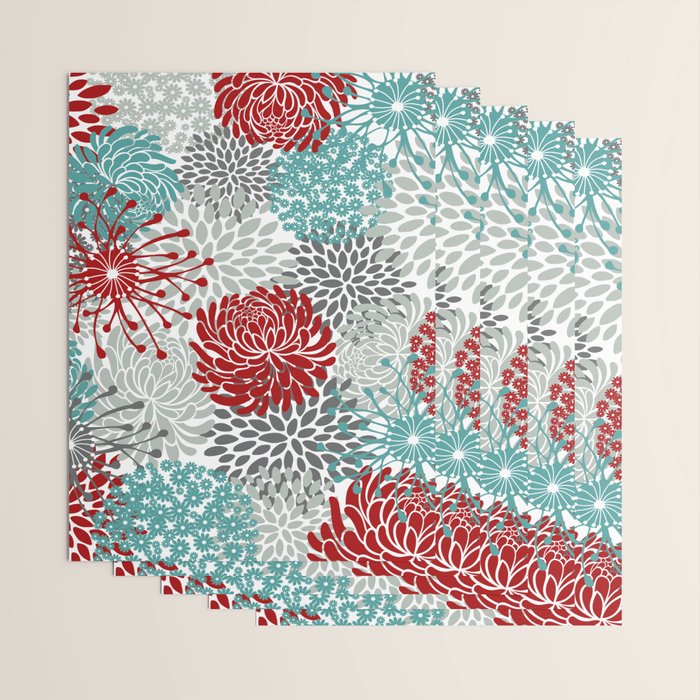 Festive, Flowers in Red, Teal and Gray Wrapping Paper Gallery Image 3