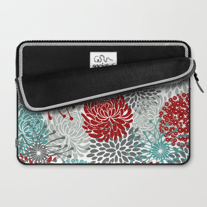 Festive, Flowers in Red, Teal and Gray Laptop Sleeve Gallery Image 2