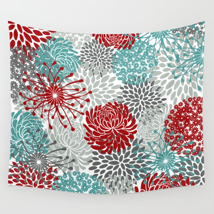 Festive, Flowers in Red, Teal and Gray Wall Tapestry Gallery Image 4
