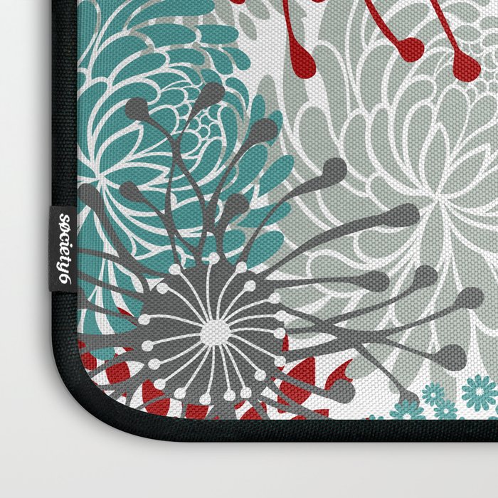 Festive, Flowers in Red, Teal and Gray Laptop Sleeve Gallery Image 3