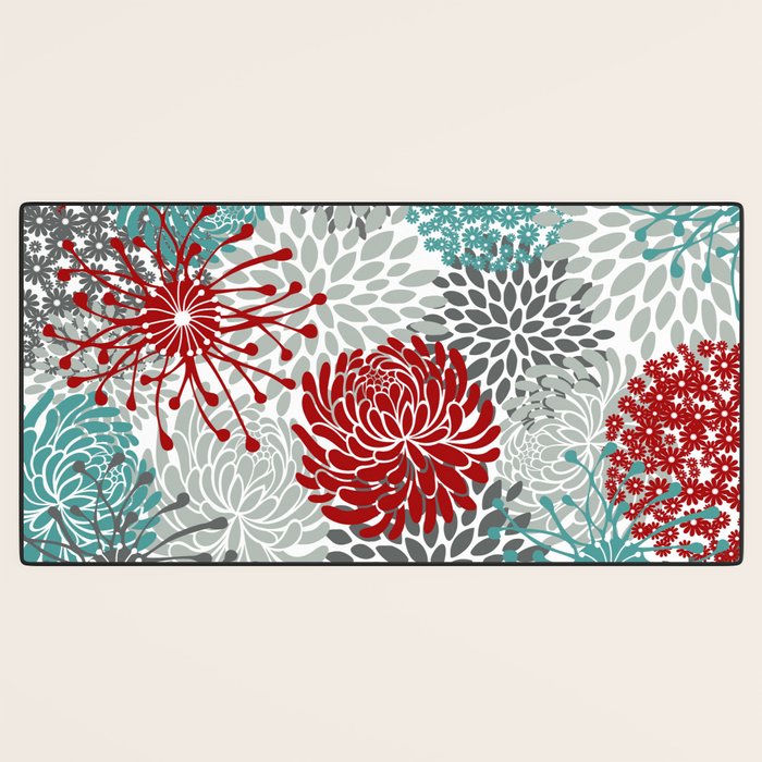 Festive, Flowers in Red, Teal and Gray Desk Mat Gallery Image 3