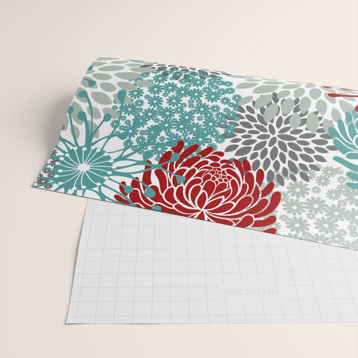 Festive, Flowers in Red, Teal and Gray Wrapping Paper Gallery Image 2