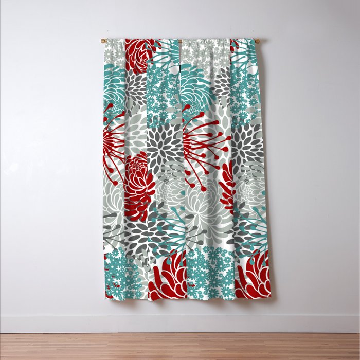 Festive, Flowers in Red, Teal and Gray Window Curtain Gallery Image 3