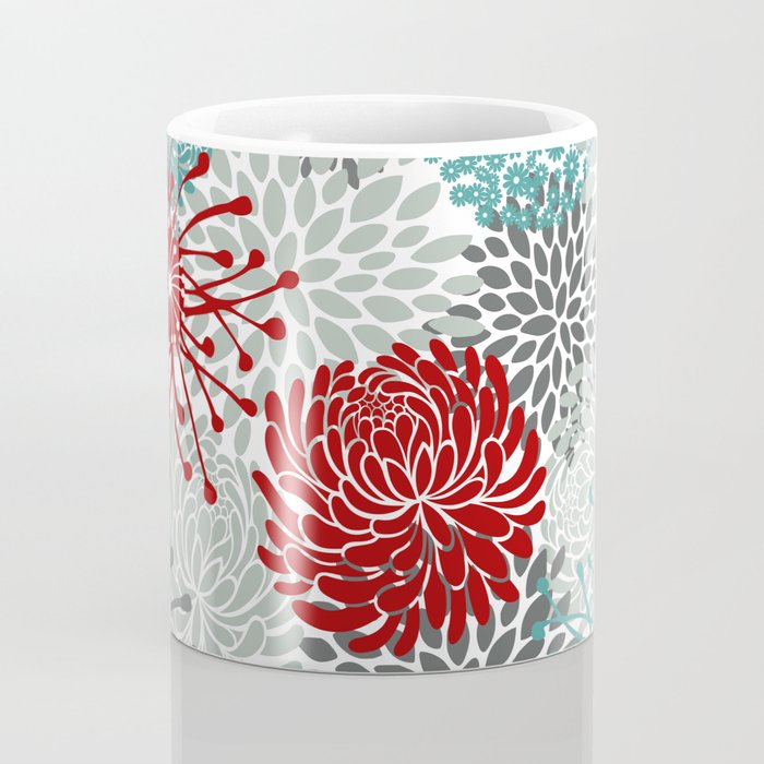 Festive, Flowers in Red, Teal and Gray Coffee Mug Gallery Image 4