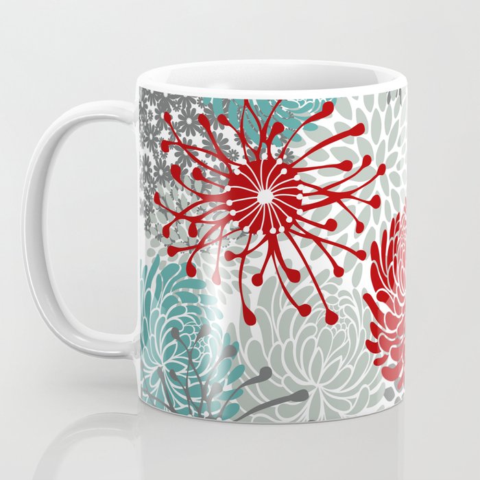 Festive, Flowers in Red, Teal and Gray Coffee Mug Gallery Image 3