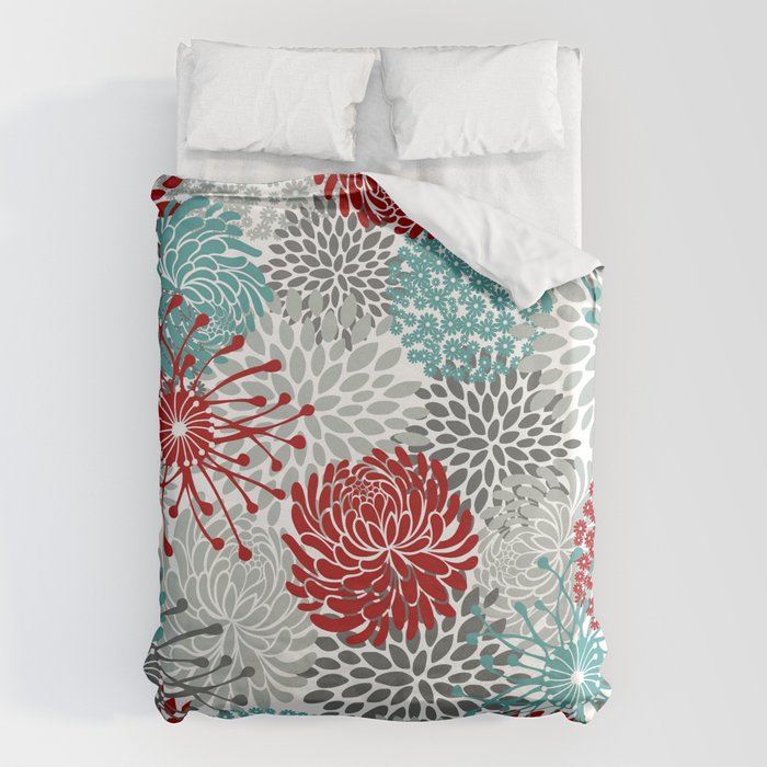 Festive, Flowers in Red, Teal and Gray Duvet Cover Gallery Image 1