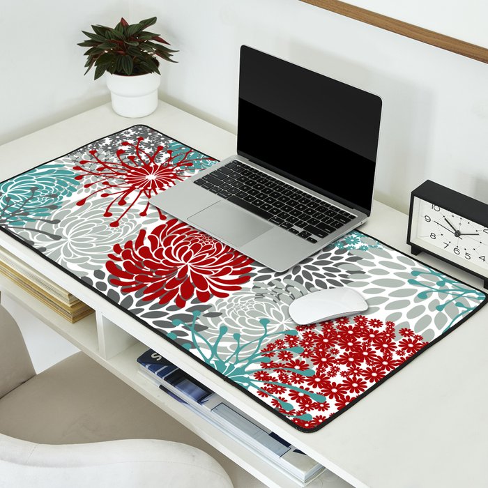 Festive, Flowers in Red, Teal and Gray Desk Mat Gallery Image 2