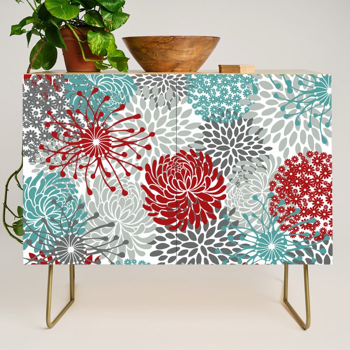Festive, Flowers in Red, Teal and Gray Credenza Gallery Image 1