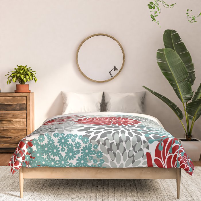 Festive, Flowers in Red, Teal and Gray Comforter Gallery Image 3