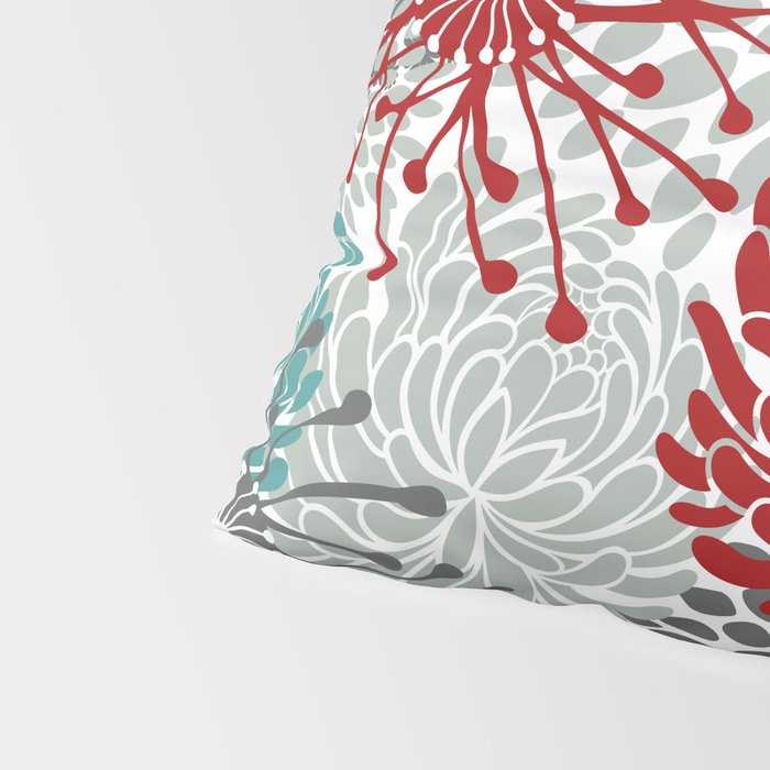 Festive, Flowers in Red, Teal and Gray Pillow Sham Gallery Image 4
