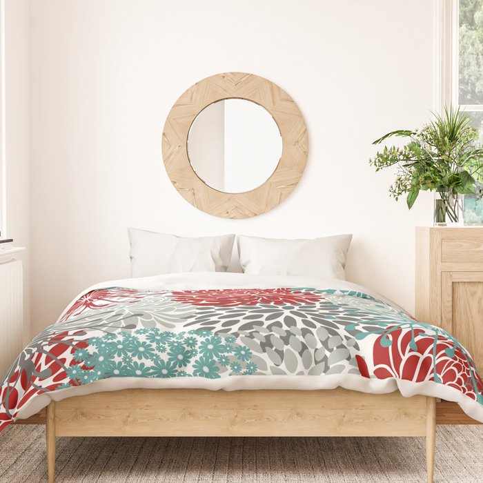 Festive, Flowers in Red, Teal and Gray Duvet Cover Gallery Image 3