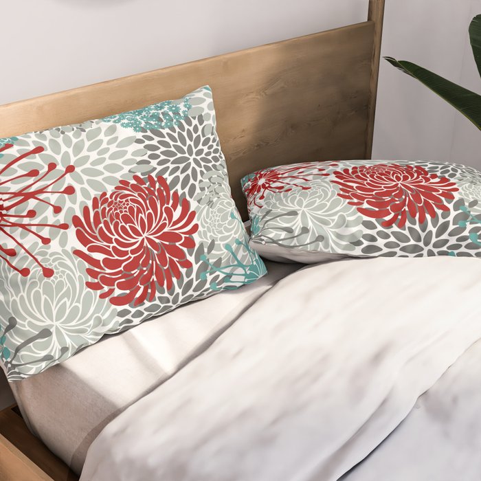 Festive, Flowers in Red, Teal and Gray Pillow Sham Gallery Image 2