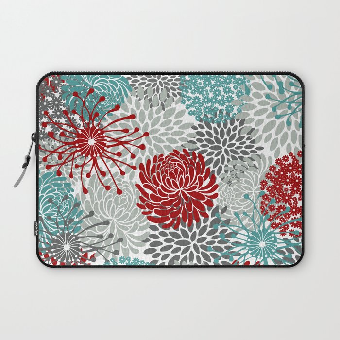 Festive, Flowers in Red, Teal and Gray Laptop Sleeve Gallery Image 1