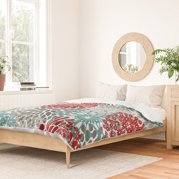 Festive, Flowers in Red, Teal and Gray Duvet Cover Gallery Image 2