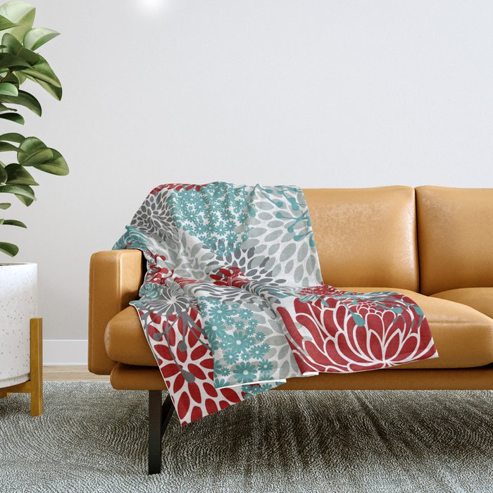 Festive, Flowers in Red, Teal and Gray Throw Blanket Gallery Image 1