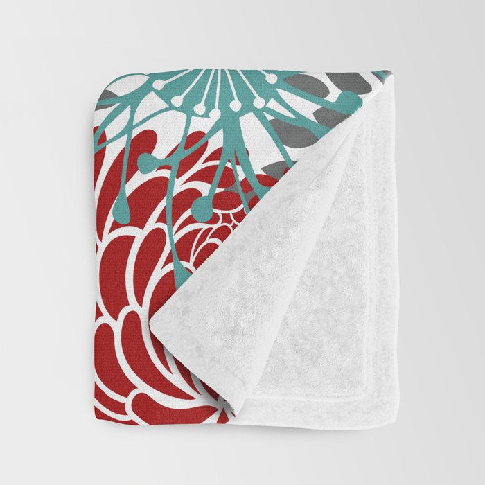 Festive, Flowers in Red, Teal and Gray Throw Blanket Gallery Image 3