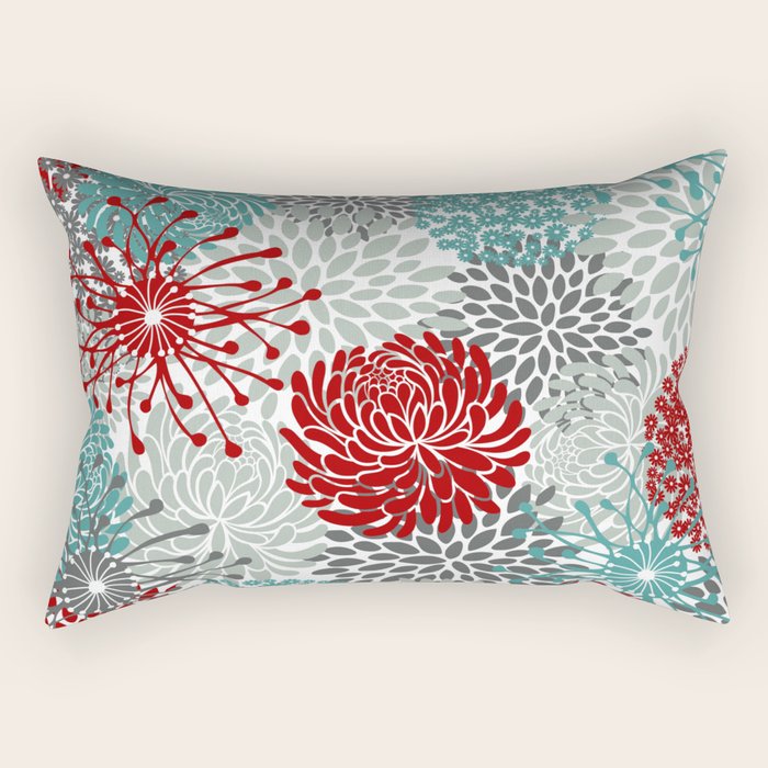 Festive, Flowers in Red, Teal and Gray Rectangular Pillow Gallery Image 2