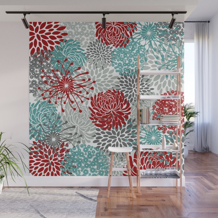 Festive, Flowers in Red, Teal and Gray Wall Mural Gallery Image 1
