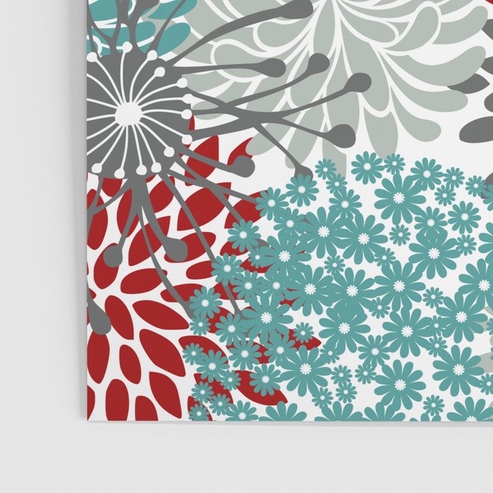 Festive, Flowers in Red, Teal and Gray Poster Gallery Image 3