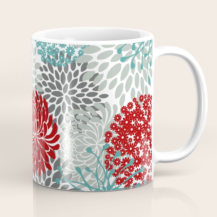 Festive, Flowers in Red, Teal and Gray Coffee Mug Gallery Image 1