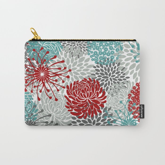Festive, Flowers in Red, Teal and Gray Carry All Pouch Gallery Image 1